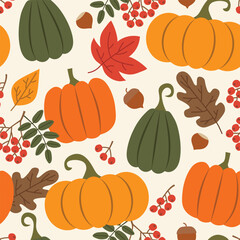 seamless pattern with pumpkins, rowan, acorns, nuts and leaves; autumn background - vector illustration