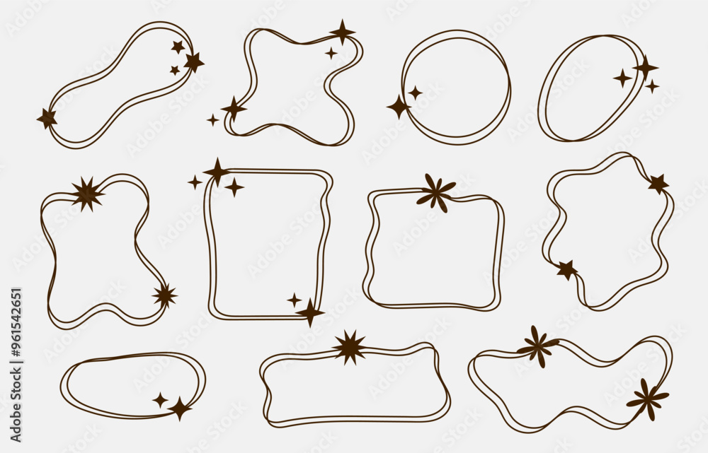 Aufkleber set of abstract outline blob with stars shape. scallop frame border in doodle y2k style. design elem
