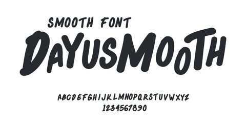 DAYUSMOOTH is uneven, unexpected, playful font. Vector bold font for headings, flyer, greeting cards, product packaging, book cover, printed quotes, logotype, apparel design, album covers, etc.