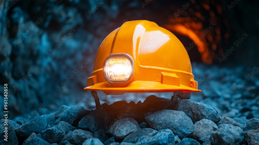 Poster miner’s helmet with a headlamp resting on jagged rocks in a dark tunnel, symbolizing hard labor and 