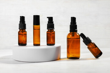 various amber glass bottles for cosmetics, natural medicine, essential oils or other liquids