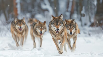 Fototapeta premium A pack of wolves running through a snowy landscape