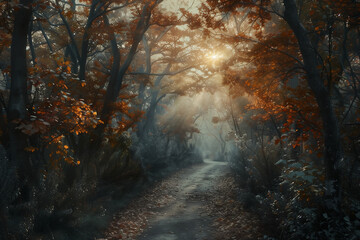 alley autumn background backlit branch branches color colorful country dawn day daybreak deciduous environment fall fantasy fog foliage footpath 