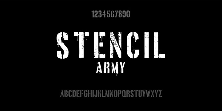 Stencil font with spray paint texture with mis-printed overspray. Highly detailed vector textures taken from high res scans. Compound path and optimised. Original design font