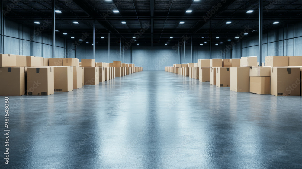 Poster neatly arranged rows of cardboard boxes in a clean warehouse open space with polished concrete floor