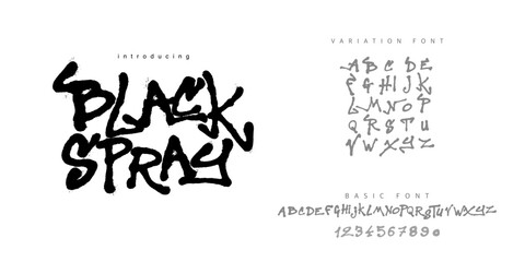 Black Spray is Graffiti tags marker font. Street art lettering designer, urban typography letters and alphabet with tag marker splatter vector set. Hip hop culture typeset, handwritten english abcde 