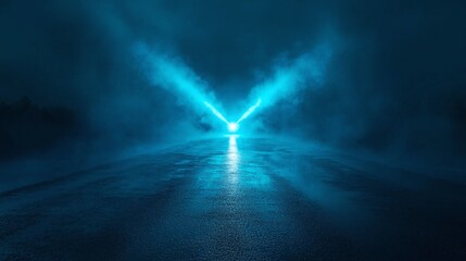 Dark empty scene, blue neon searchlight light, wet asphalt, smoke, night view, rays