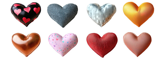 A collection of colorful, textured heart-shaped objects. Isolated on PNG cutout transparent background.