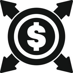 This simple icon represents the concept of money flow, with arrows pointing towards and away from a central dollar coin