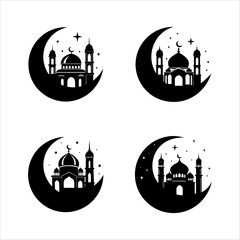 Collection of Black silhouette of a Islamic mosque and crescent with lanterns. Eid Mubarak logo. vector illustration