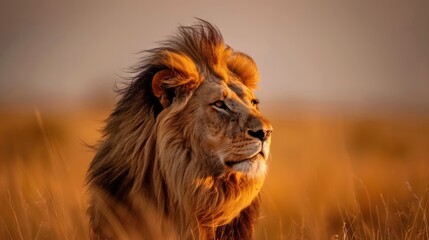 Naklejka premium A lion with a mane blowing in the wind, looking regal