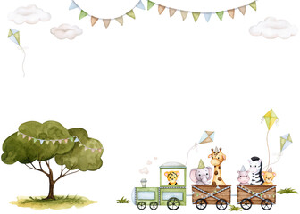 Cute tropical animals. Safari train. Watercolor frame, banner, background for birthday, gender party, baby shower, children's party. Horizontal card, poster, invitation, greeting card..