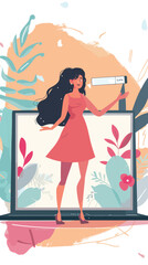 Web Banner with Cute Woman Pointing at Large Click Here Button on Laptop