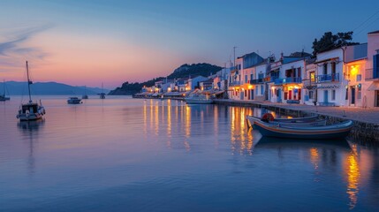 Fototapeta premium A Serene Evening at a Coastal Village. Vibrant Lights Dance on Water as Dusk Embraces the Tranquil Harbor Scene with Boats