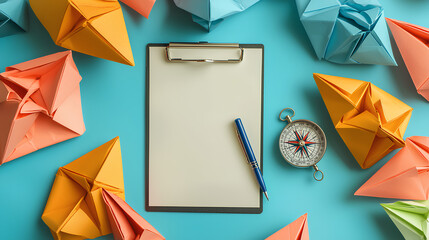 Compass  Clipboard  Paper Boats  and Pen on Blue Background