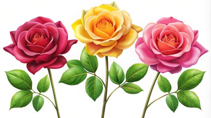 A trio of vibrant roses, each blooming with unique petals, stand tall on sturdy green stems, their delicate leaves fluttering gently in the breeze.