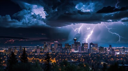Sudden lightning illuminating the skyline, sparking like a dazzling fireworks display
