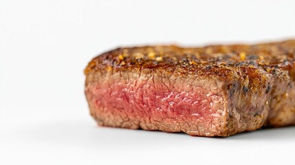 Close-up of a delicious steak with a golden crust, sliced to reveal a juicy interior. Set against a pristine white background for a clean, professional look.