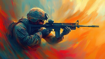 A soldier takes aim with a rifle amidst swirling colors of smoke and fire around him