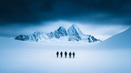 Panoramic view of tourists hiking on a glacier with deep blue crevasses, surrounded by untouched snowy peaks 