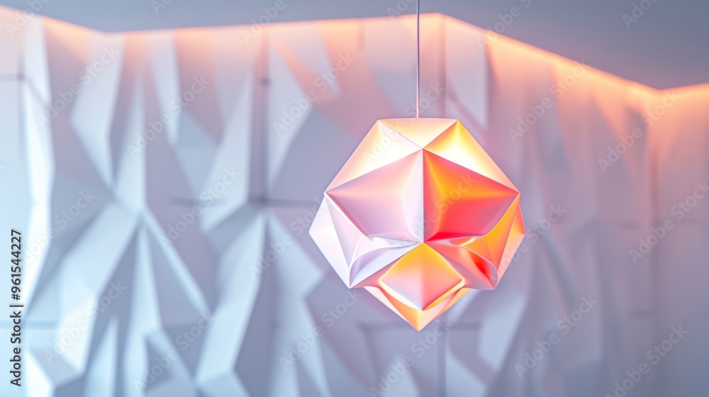 Poster contemporary pendant light with a geometric design, glowing softly with a warm, ambient light. the b