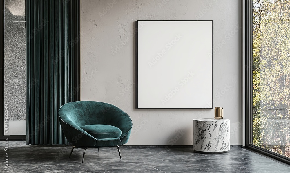 Poster three-dimensional rendering of a cozy living room mockup with empty canvas frame on white wall textu