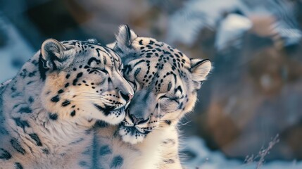 Fototapeta premium Rare animals showing affection, a pair of snow leopards nuzzling each other