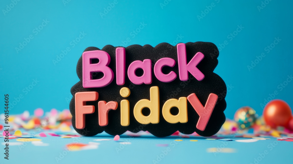 Poster playful black friday text in multicolored letters on a confetti-filled background with festive eleme
