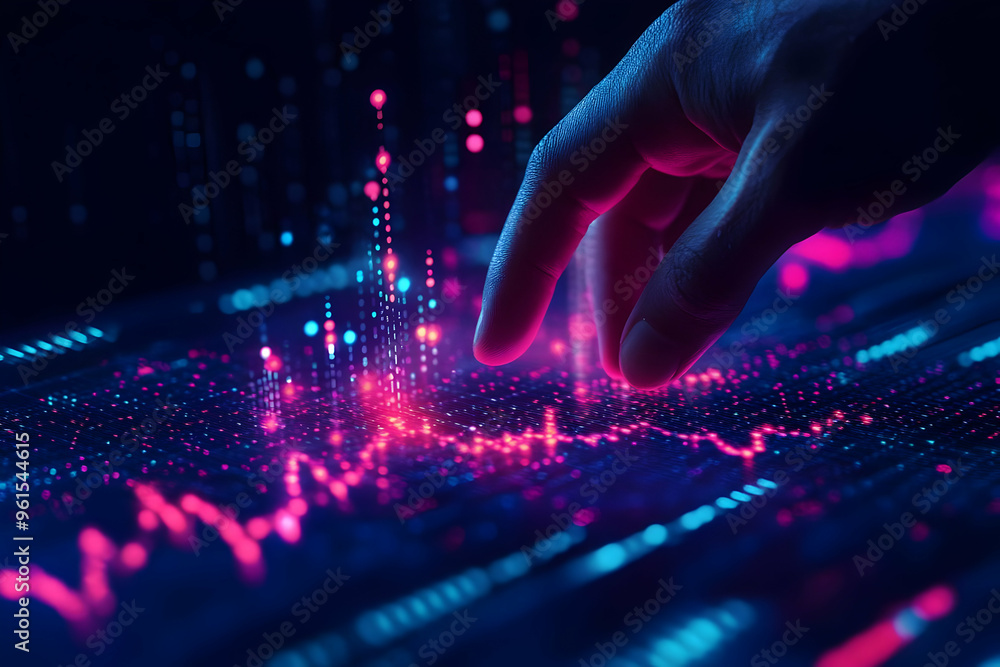 Poster navigating digital data streams illustration - hand interacting with glowing charts and graphs