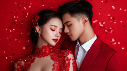 Playful Chinese couple models posing for New Year photoshoot surrounded by bright red decor and confetti 