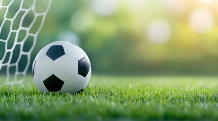 Fototapeta premium Soccer ball in goal. Goal net. Soccer border on green football grass field.