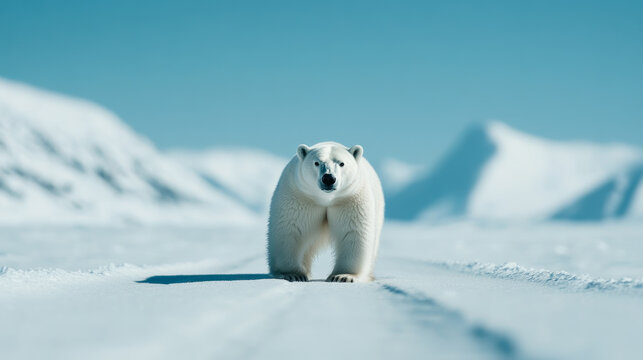 Polar bear sighting by excited tourists in an Arctic tundra vehicle, vast icy landscape and clear skies 