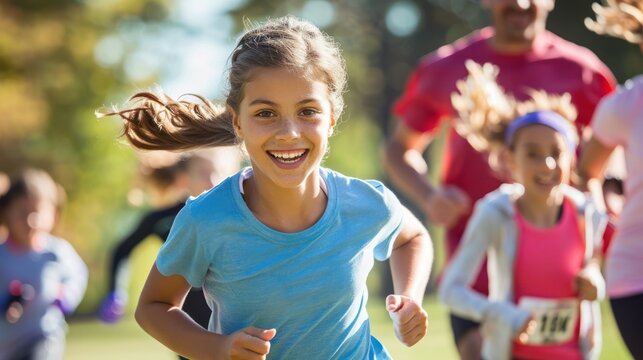 Outdoor activities with families having a fun run in a local charity event