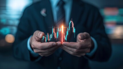 A businessman holds a glowing upward stock market graph in his hands, representing success and financial growth.