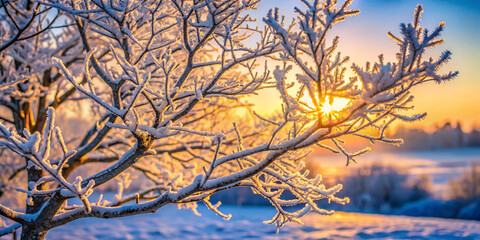 Frost covering the branches of a tree in the early morning, cold weather, winter beauty