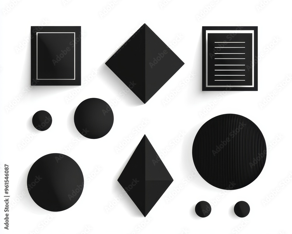 Poster black metal geometry shapes isolated on white with metallic color gradient background. realistic geo