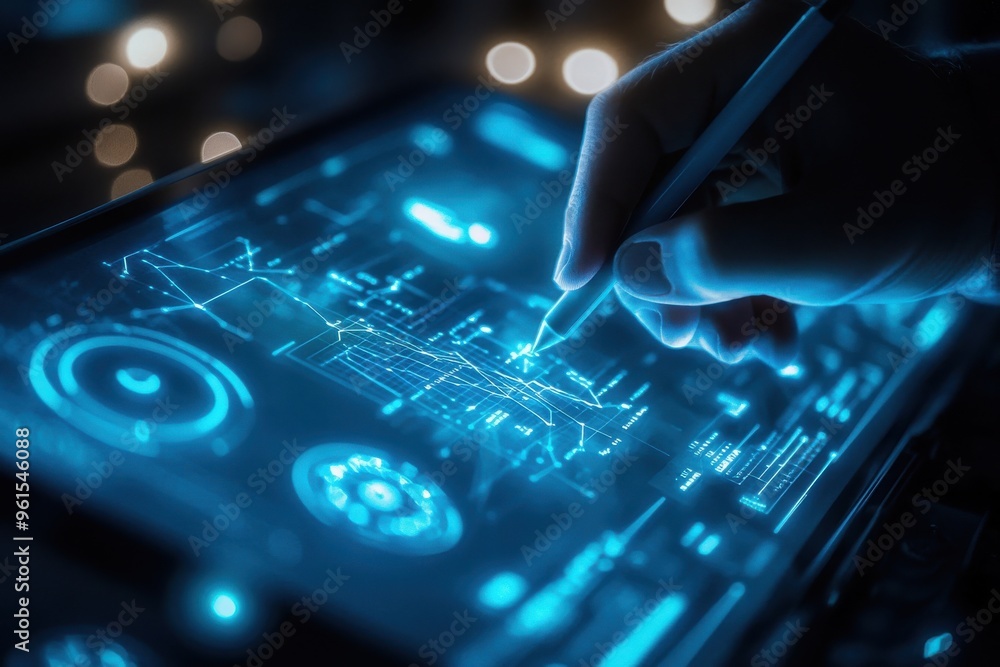 Poster a close-up of a person writing on a futuristic transparent touchscreen with a stylus.