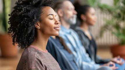 Holistic health practices with a group enjoying a guided meditation in a serene environment © Attasit