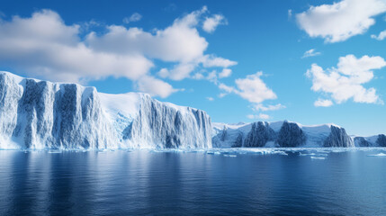 Remote Arctic coastline with icebergs drifting along the shore rugged snow-covered cliffs crisp clear atmosphere 