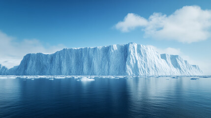 Remote Arctic coastline with icebergs drifting along the shore rugged snow-covered cliffs crisp clear atmosphere 