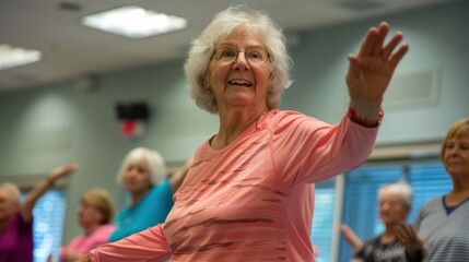 Healthy lifestyle with a group of seniors participating in a low-impact exercise class
