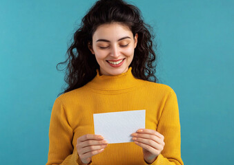 Young happy smiling woman reading a greeting postcard on blue background.Macro.AI Generative.