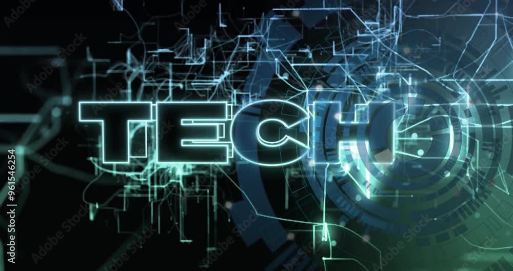 Poster tech text with glowing lines and circuits, futuristic digital animation