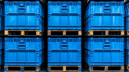 Rows of blue plastic crates on metal shelves in a warehouse vibrant colors highlighting organization and storage efficiency 