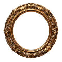 Ornate round golden frame with intricate floral patterns, isolated on PNG cutout transparent...