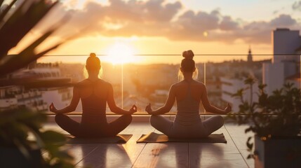 Happy healthy couples practicing yoga together on a rooftop terrace - Powered by Adobe