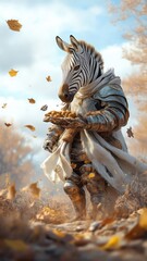 Obraz premium A zebra dressed as a medieval knight in shining armor, standing gallantly in a historical setting.