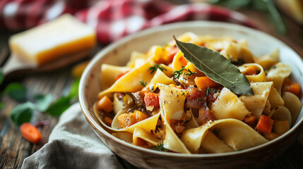 Delicious Pasta Dish with Vegetables and Fresh Herbs in a Rustic Setting