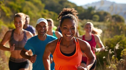 Fototapeta premium Happy fitness group jogging together on a scenic trail, smiling and laughing