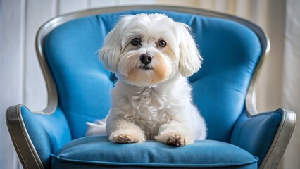 Adorable Bichon Maltese perches on chair, its fluffy white coat glistening in the light, blue pillow a serene backdrop to its tiny, curious face.
